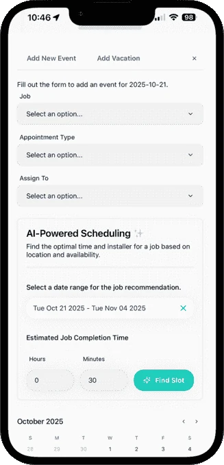 OnTyme Add New Event form with the AI-Powered Scheduling panel: a date range for the recommendation, estimated job completion time and a Find Slot button.