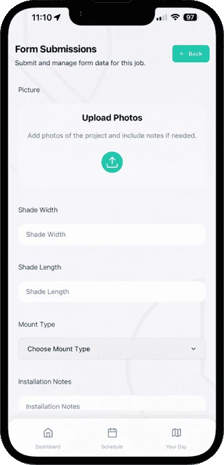 OnTyme Form Submissions screen for a window shade job, with a photo upload area and fields for shade width, shade length, mount type and installation notes.