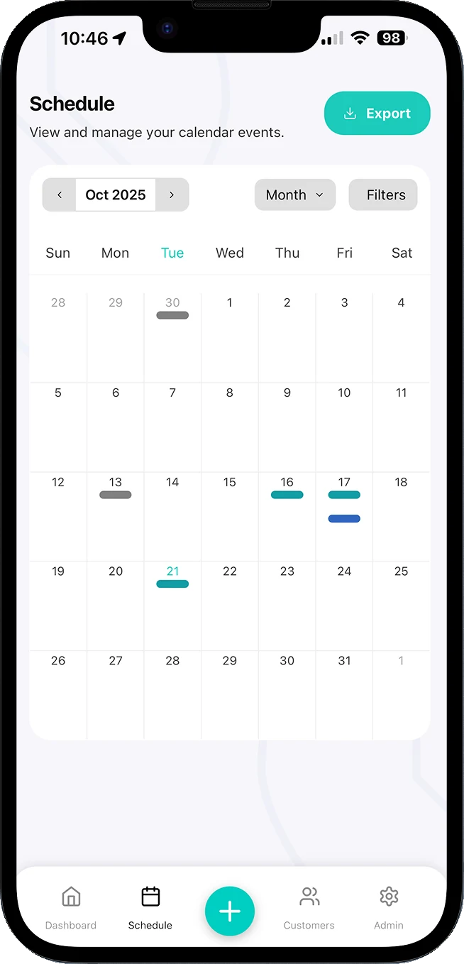 OnTyme Schedule screen in month view, showing scheduled events on the calendar with Month and Filters controls and an Export button.