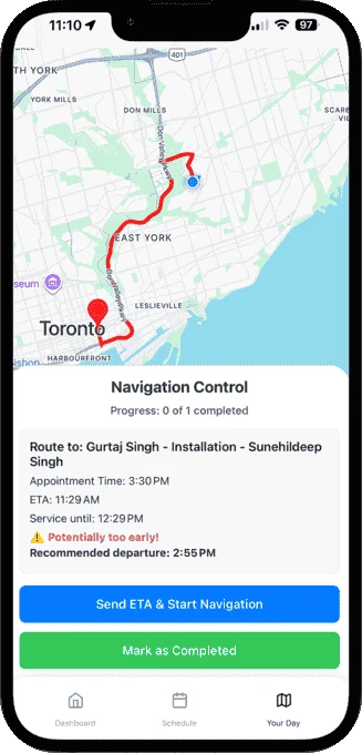 OnTyme Your Day navigation screen: a route on the map, appointment time, ETA, an early-arrival warning, recommended departure time and a Send ETA & Start Navigation button.